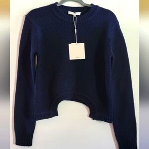 Tibi Lambswool Sweater Shrunken Crewneck Pullover Half Circle Cutout Navy NWT